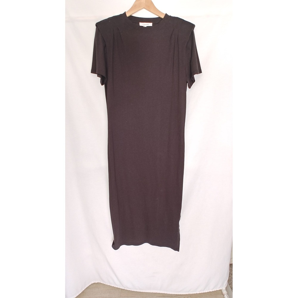 FRAME Dress Short Sleeve Padded Shoulder Midi Tee Jersey Black Small LWKD0253